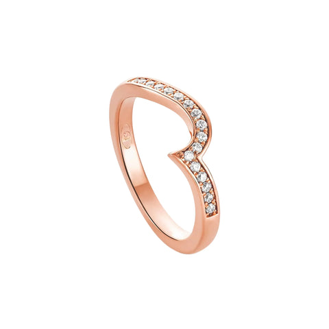 A rose gold ring with a curved, openwork design set with small clear pavé diamonds, shown on a plain white background.