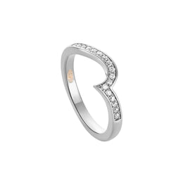 Heart-shaped silver ring with small diamonds on a white background