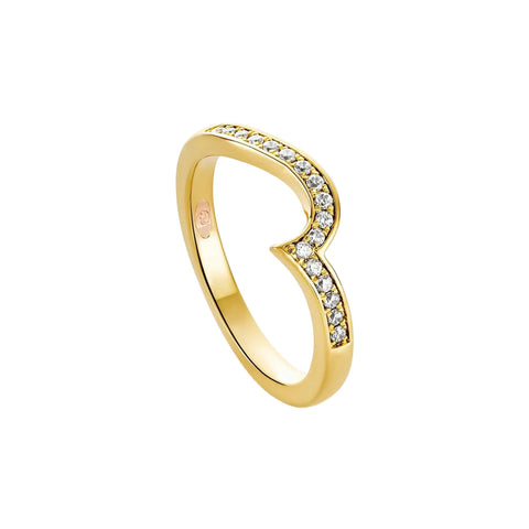 Gold heart-shaped ring with embedded diamonds on a white background