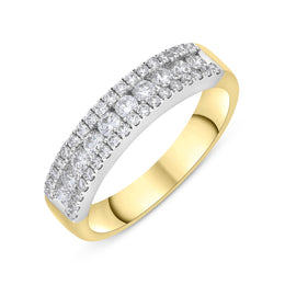 18ct yellow gold three-row claw-set eternity ring featuring diamonds totaling 0.36 carats and 0.25 carats. The ring showcases a continuous line of sparkling diamonds, symbolizing everlasting love and elegance.