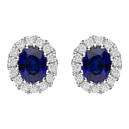 18ct White Gold Sapphire and Diamond Oval Cluster Earrings FEU-156