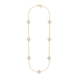 18ct Rose Gold WHITE MOP Bloom Four Leaf Clover Ball Edge Long Necklace, N1040