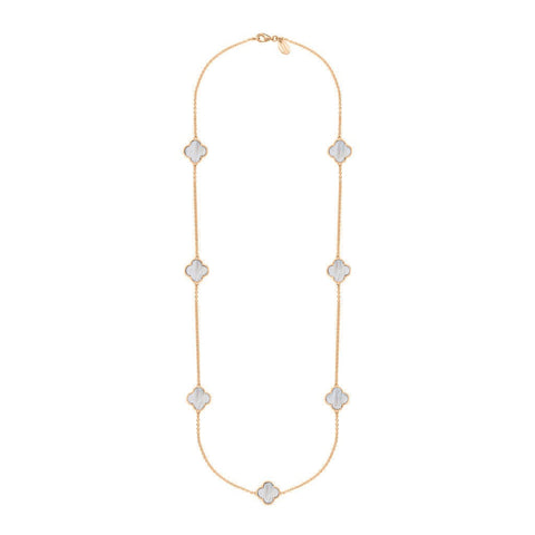 18ct Rose Gold WHITE MOP Bloom Four Leaf Clover Ball Edge Long Necklace, N1040
