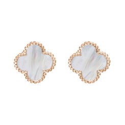 18ct Rose Gold WHITE MOP Bloom Four Leaf Clover Ball Edge Stud Earrings, E2600