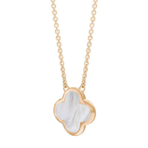 18ct Rose Gold White Mother of Pearl Bloom Large Four Leaf Clover Polished Edge Pendant