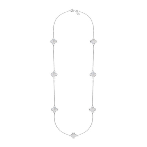 18ct White Gold WHITE MOP Bloom Four Leaf Clover Long Necklace, N1129 