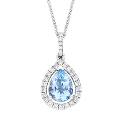 18ct white gold pear cut claw cluster pendant featuring an aquamarine weighing 0.93 carats, adorned with diamonds totaling 0.21 carats. The pendant is presented on a matching chain, highlighting the elegant design and sparkling accents.