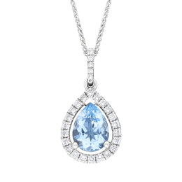 18ct white gold pear cut claw cluster pendant featuring an aquamarine weighing 0.93 carats, adorned with diamonds totaling 0.21 carats. The pendant is presented on a matching chain, highlighting the elegant design and sparkling accents.
