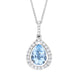 18ct white gold pear cut claw cluster pendant featuring an aquamarine weighing 0.93 carats, adorned with diamonds totaling 0.21 carats. The pendant is presented on a matching chain, highlighting the elegant design and sparkling accents.