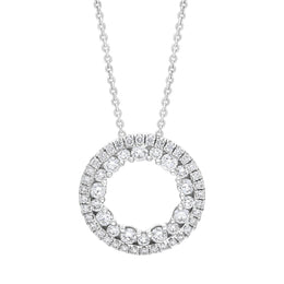 18ct white gold circle pendant featuring two rows of diamonds totaling 0.56 carats, suspended on a matching chain. The pendant's elegant circular design enhances the sparkle of the diamonds, creating a timeless piece of jewelry.