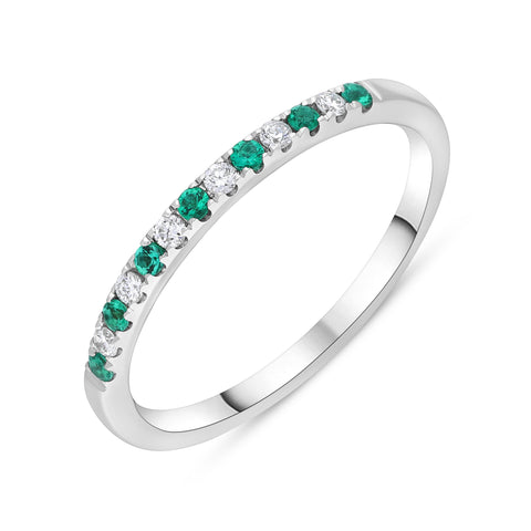 18ct White Gold 0.09ct Emerald 0.08ct Diamond Castle Half Set Eternity Ring, FEU-3010