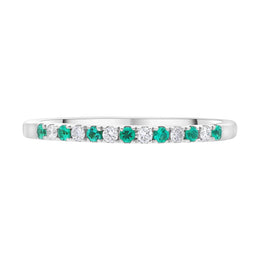 18ct White Gold 0.09ct Emerald 0.08ct Diamond Castle Half Set Eternity Ring, FEU-3010