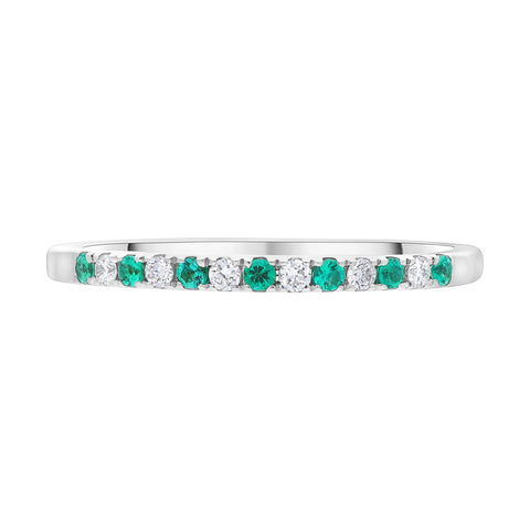 18ct White Gold 0.09ct Emerald 0.08ct Diamond Castle Half Set Eternity Ring, FEU-3010