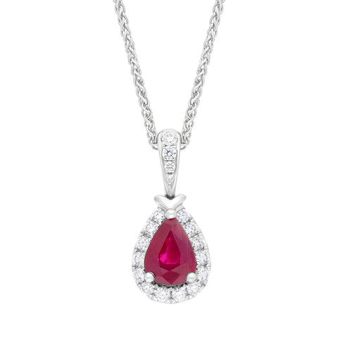 18ct White Gold 0.79ct Ruby 0.19ct Diamond Cluster Pear Pendant