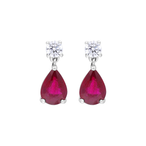 18ct White Gold 1.34ct Ruby 0.21ct Diamond Pear Drop Earrings