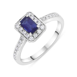 18ct White Gold 0.61ct Sapphire 0.32ct Diamond Emerald Cut Pave Cluster Ring