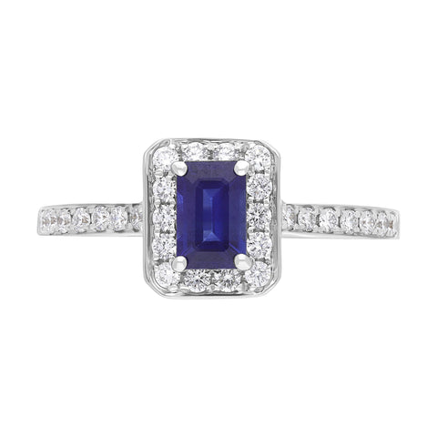 18ct White Gold 0.61ct Sapphire 0.32ct Diamond Emerald Cut Pave Cluster Ring