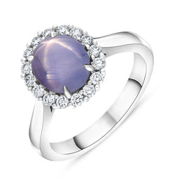 18ct White Gold Star Sapphire Diamond Oval Cluster Ring, PJW-409