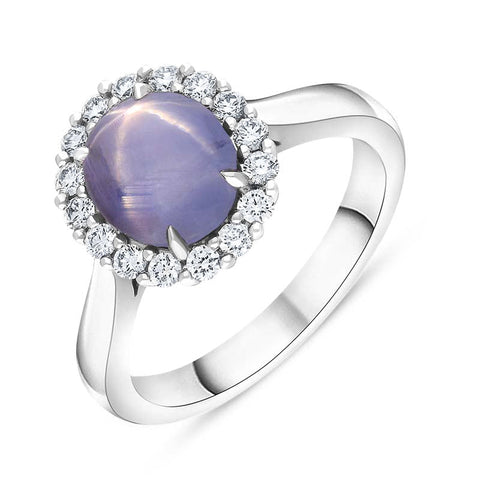 18ct White Gold Star Sapphire Diamond Oval Cluster Ring, PJW-409