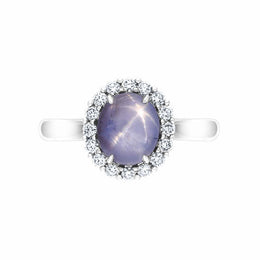 18ct White Gold Star Sapphire Diamond Oval Cluster Ring, PJW-409