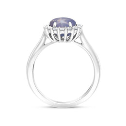18ct White Gold Star Sapphire Diamond Oval Cluster Ring, PJW-409