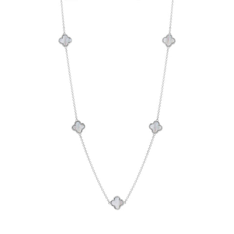 18ct White Gold WHITE MOP Bloom Four Leaf Clover Ball Edge Necklace, N1154