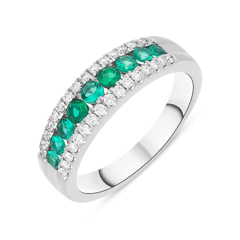 18ct White Gold Emerald Diamond Nine Stone Tension Set Graduating Half Eternity Ring, FEU-2591.