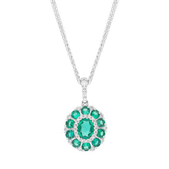 18ct White Gold Emerald Diamond Cluster Oval Pendant, FEU-2606. 