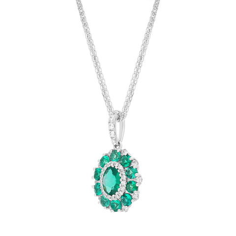 18ct White Gold Emerald Diamond Cluster Oval Pendant