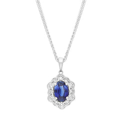 18ct White Gold Sapphire Diamond Cluster Oval Pendant, FEU-2607.