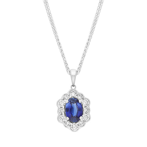 18ct White Gold Sapphire Diamond Cluster Oval Pendant, FEU-2607.