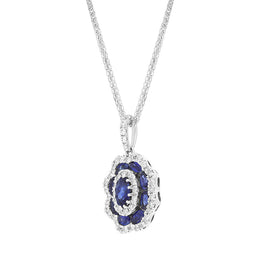 18ct White Gold Sapphire Diamond Cluster Oval Pendant