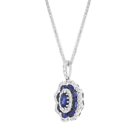 18ct White Gold Sapphire Diamond Cluster Oval Pendant