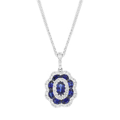18ct White Gold Sapphire Diamond Cluster Oval Pendant, FEU-2608.