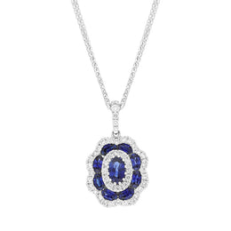 18ct White Gold Sapphire Diamond Cluster Oval Pendant, FEU-2608.