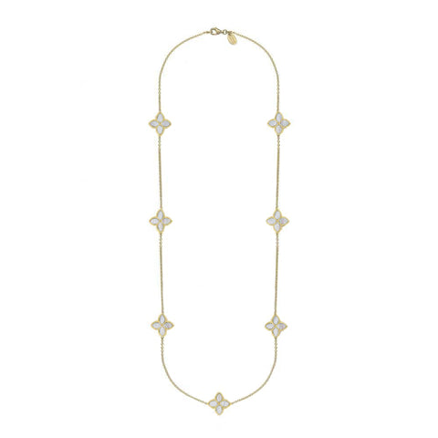 18ct Yellow Gold WHITE MOP Bloom Long Marquise Flower Necklace