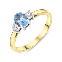 18ct Yellow Gold 0.47ct Aquamarine 0.14ct Diamond Three Stone Ring