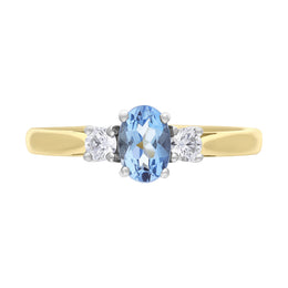 18ct Yellow Gold 0.47ct Aquamarine 0.14ct Diamond Three Stone Ring