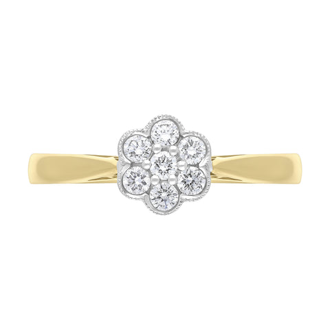 18ct Yellow Gold 0.23ct Diamond Millgrain Flower Cluster Ring