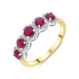18ct Yellow Gold 0.88ct Ruby 0.15ct Diamond Cluster Ring, FEU-3011