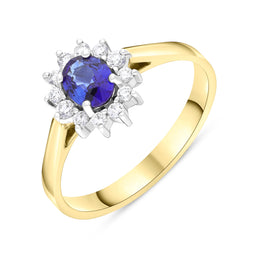 18ct Yellow Gold 0.43ct Sapphire 0.12ct Diamond Oval Claw Cluster Ring
