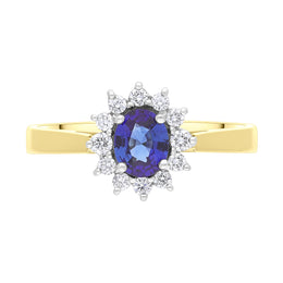 18ct Yellow Gold 0.43ct Sapphire 0.12ct Diamond Oval Claw Cluster Ring