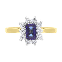 18ct Yellow Gold 0.62ct Sapphire 0.37ct Diamond Emerald Cut Cluster Ring