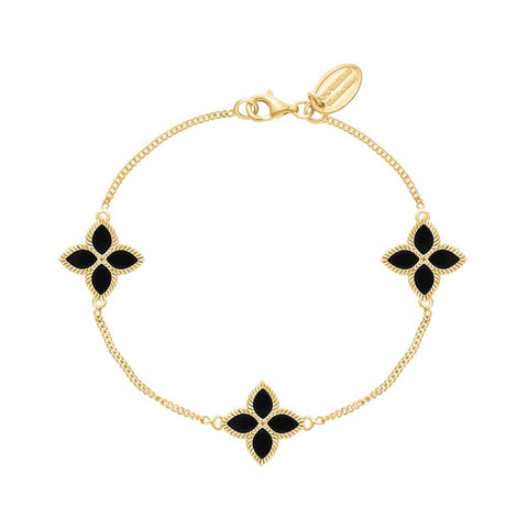 9ct Yellow Gold Whitby Jet Bloom Flower Ball Edge Bracelet, B1272