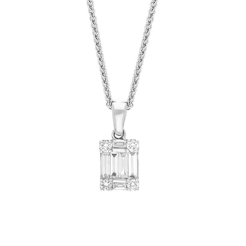 18ct White Gold 0.42ct Diamond Round Brilliant and Emerald Cut Cluster Pendant, FEU-2546.