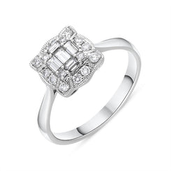 18ct White Gold 0.45ct Diamond Baguette Cut Vintage Style Cluster Ring FEU-2374