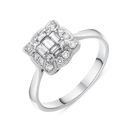 18ct White Gold 0.45ct Diamond Baguette Cut Vintage Style Cluster Ring FEU-2374