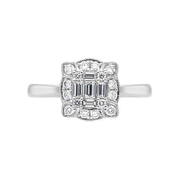 18ct White Gold 0.45ct Diamond Baguette Cut Vintage Style Cluster Ring