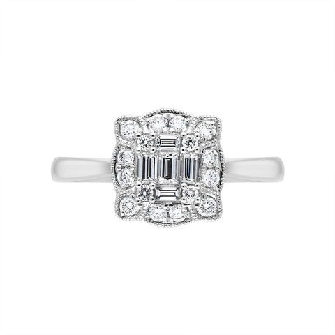18ct White Gold 0.45ct Diamond Baguette Cut Vintage Style Cluster Ring
