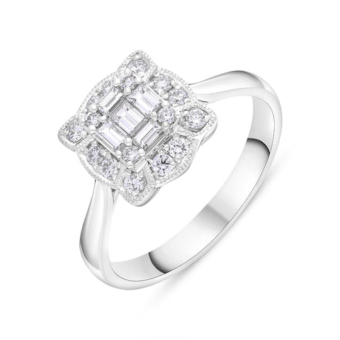 18ct White Gold 0.46ct Diamond Mixed Cut Vintage Style Cluster Ring FEU-2804